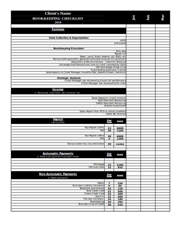 bookkeeping checklist template