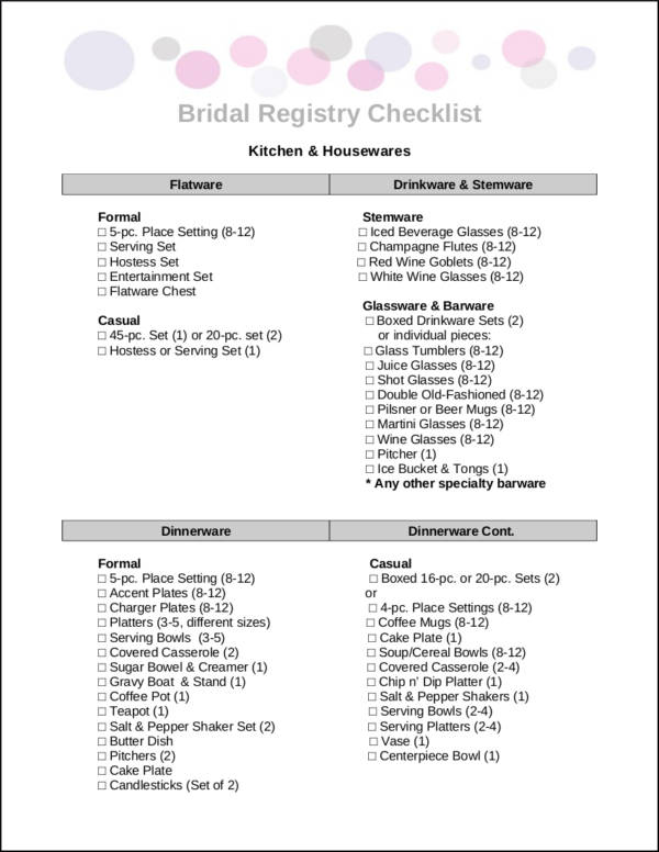 bridal registry checklist