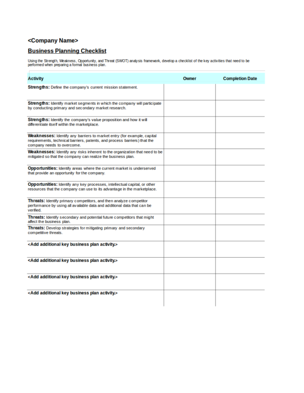 business planning checklist template