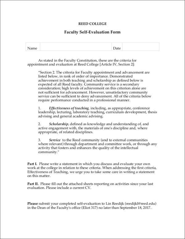 college faculty self evaluation form sample