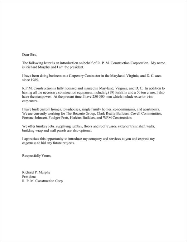 construction company introduction letter