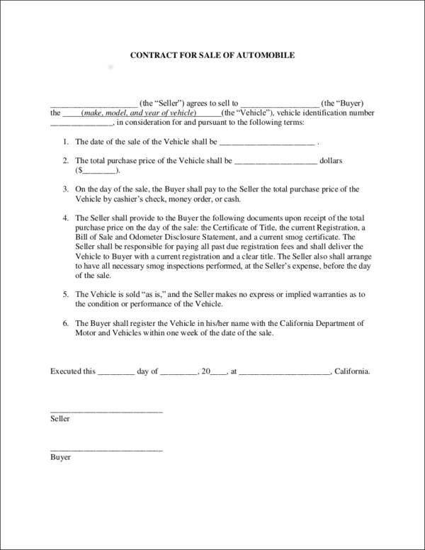 contract for sale of automobile 
