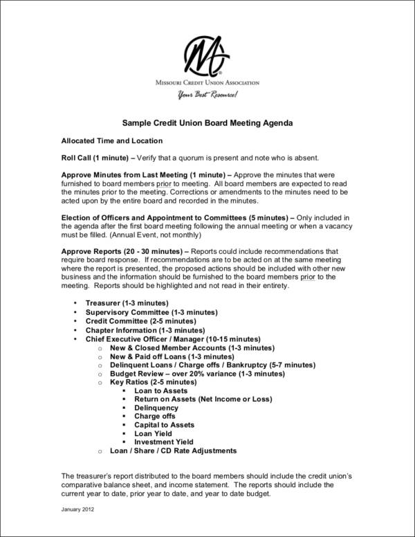 credit union meeting agenda sample