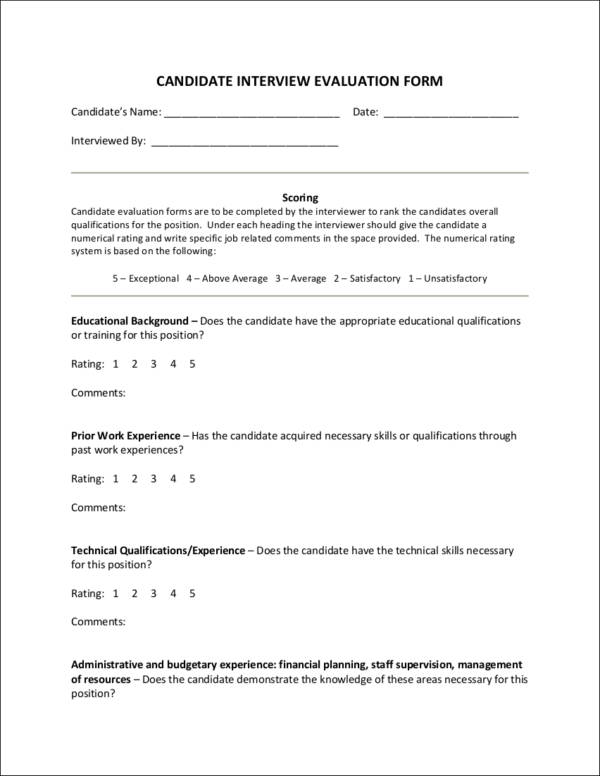 employment candidate evaluation form template