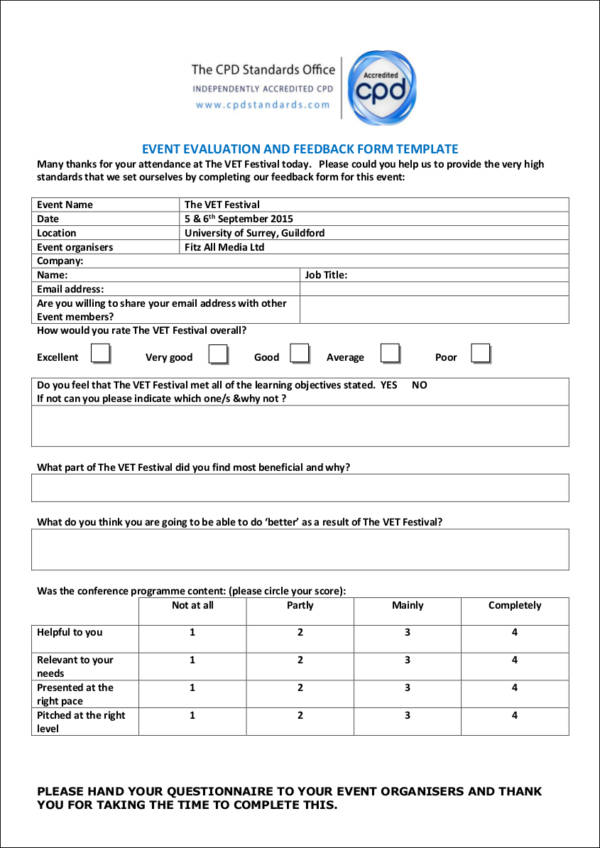 event evaluation form sample 