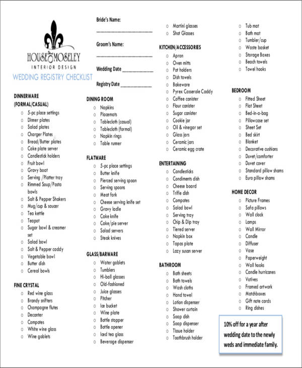 example wedding registry checklist