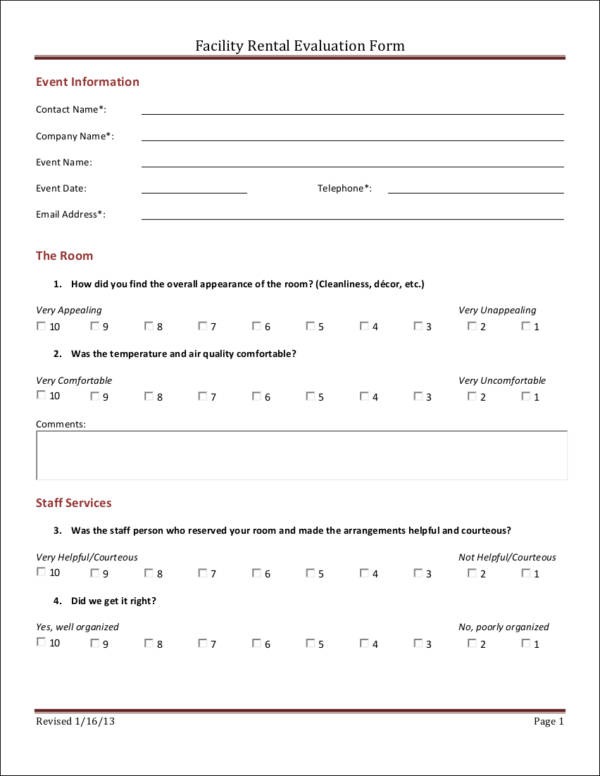 facility rental evaluation form sample