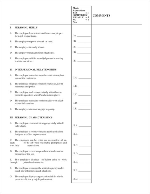 food service personnel evaluation form sample1