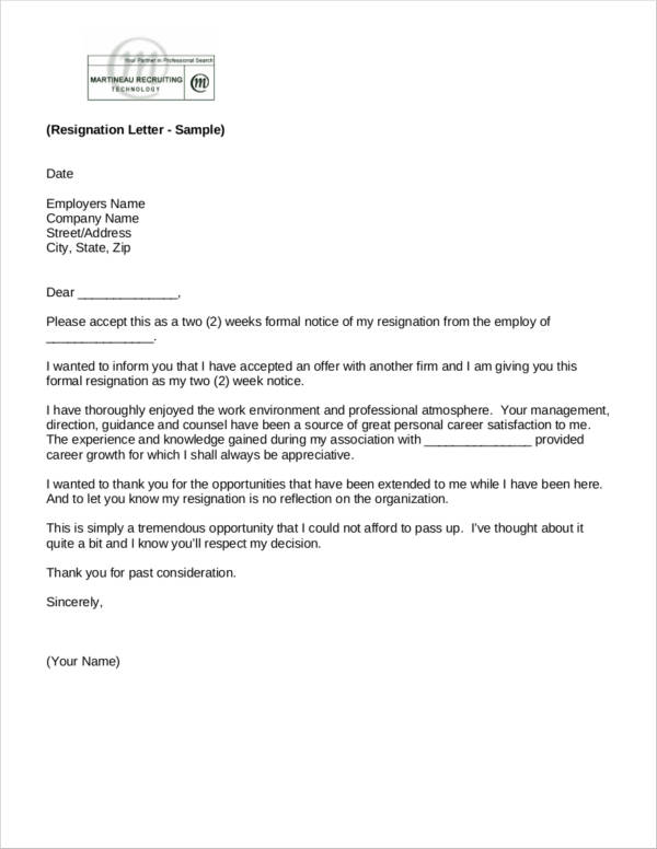 free two weeks notice letter sample template