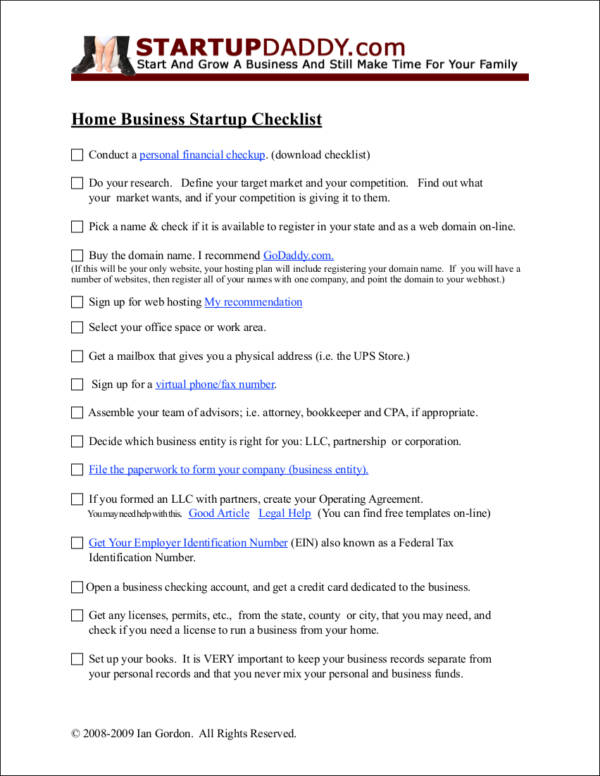 home business startup checklist 