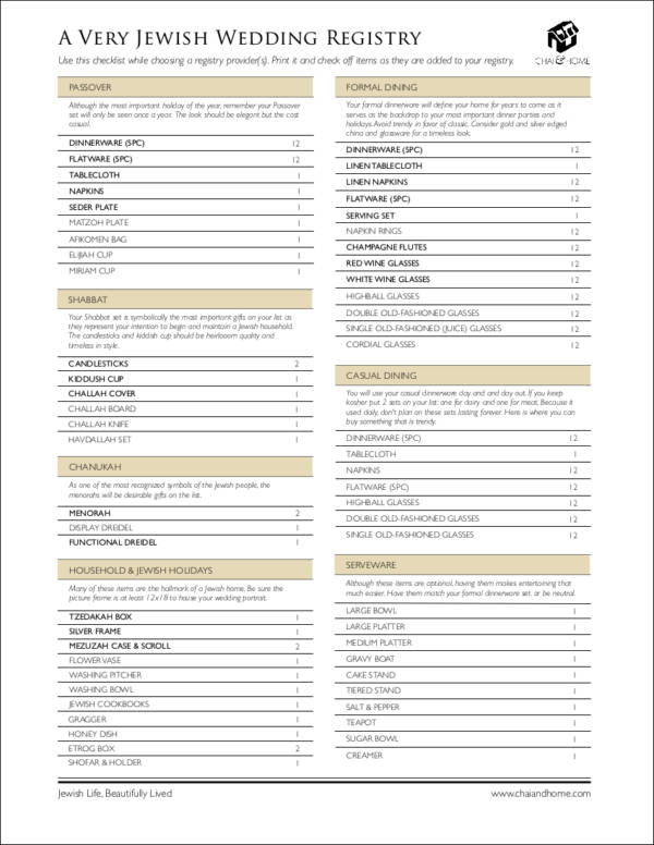 jewish wedding registry checklist