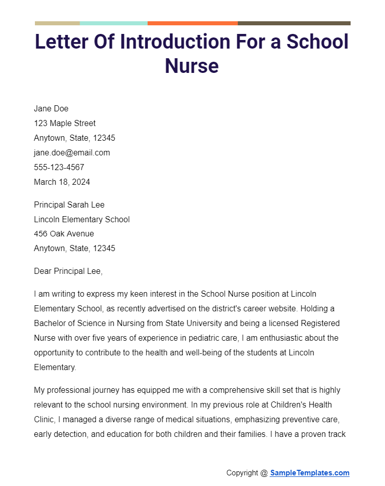 letter of introduction for a school nurse