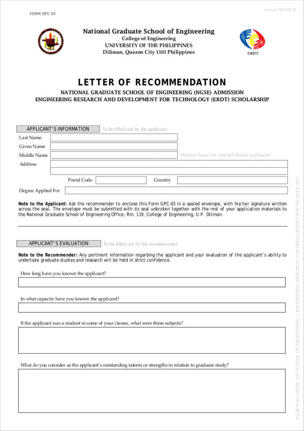letter of recommendation form for graduate school