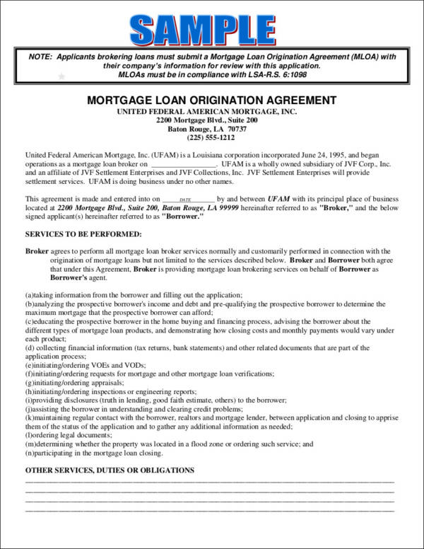 mortgage loan origination agreement contract