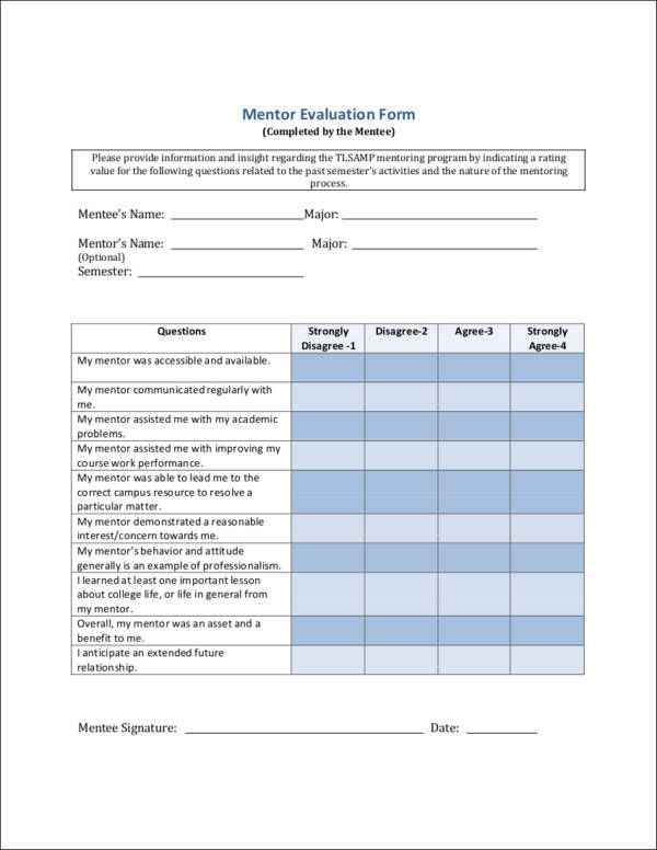 mentor evaluation form template