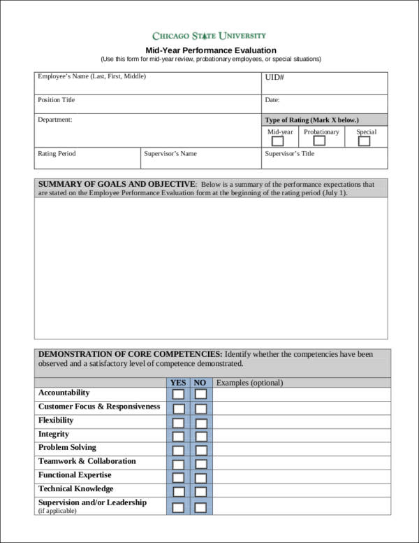 Midyear Performance Review And Evaluation Template