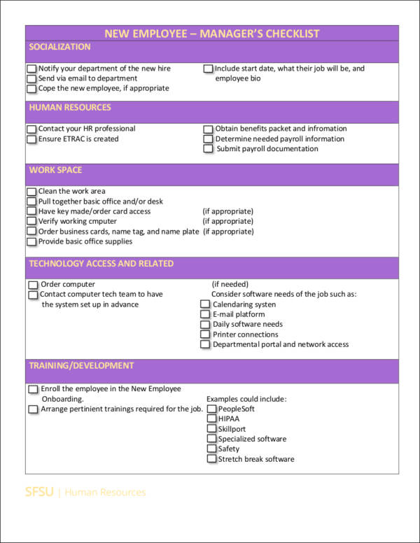 new employees checklist for managers