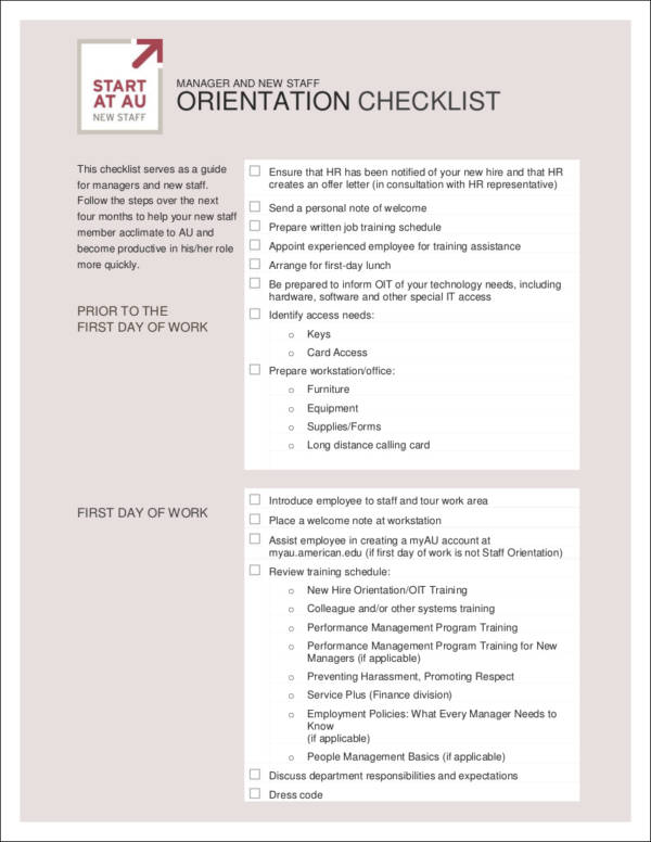 orientation checklist for new employees