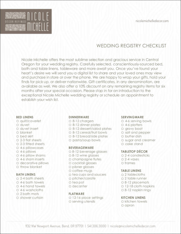 one page wedding registry checklist
