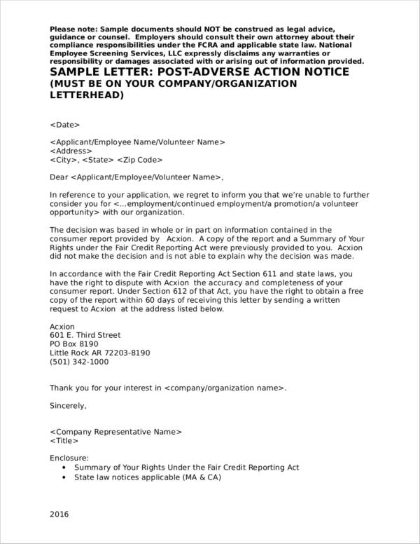 post adverse action notice sample