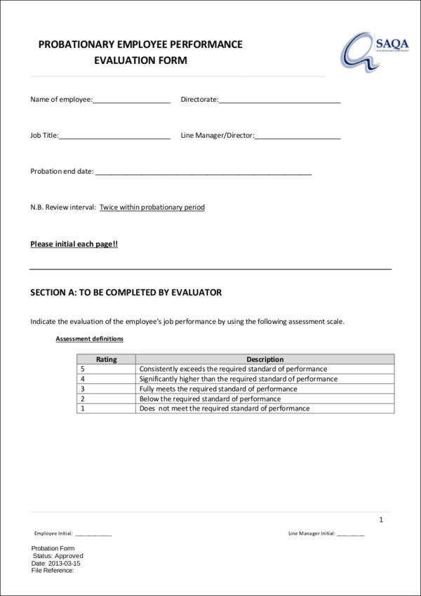 probationary employee evaluation form sample