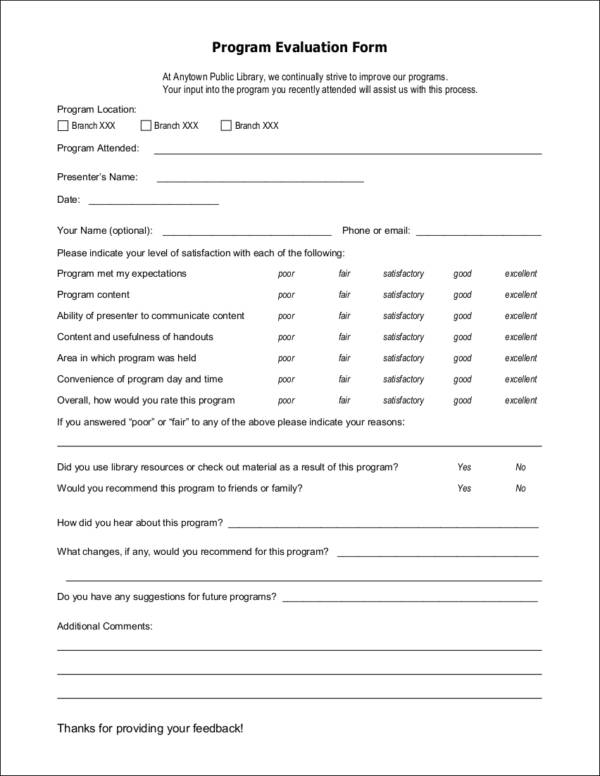 program evaluation form sample