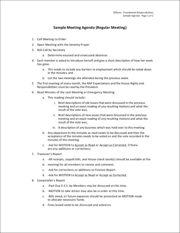 regular business meeting agenda template