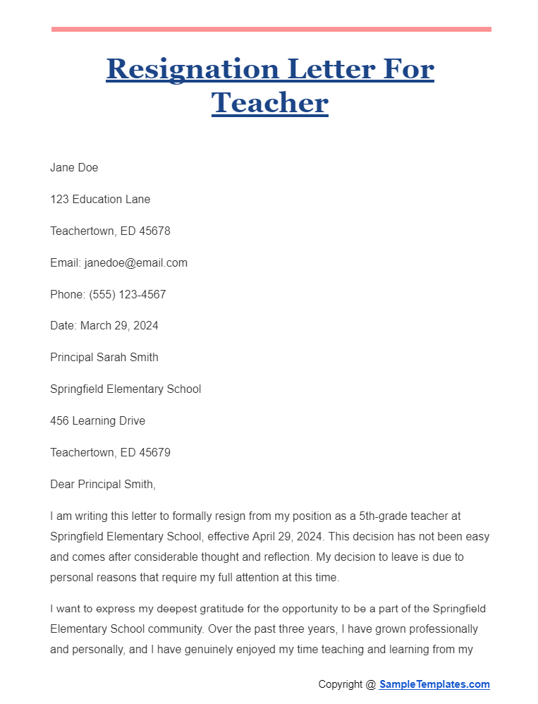resignation letter for teacher
