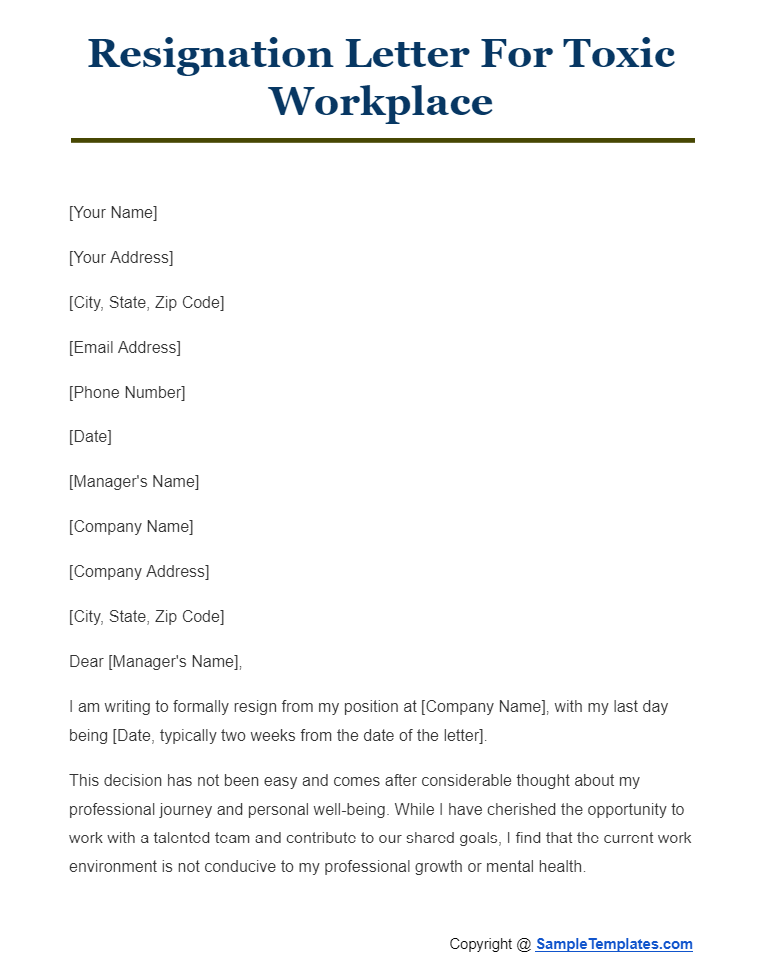 resignation letter for toxic workplace