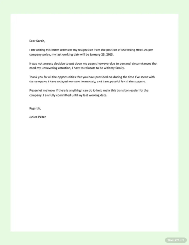 resignation letter format template