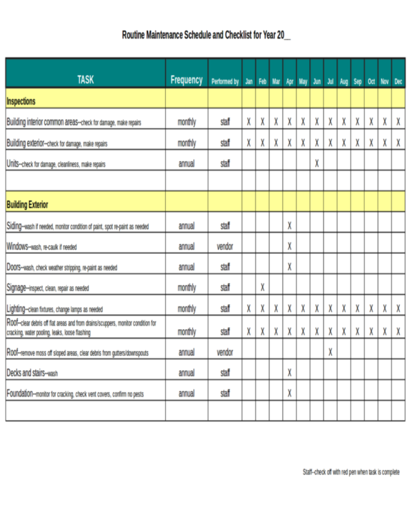 routine maintenance schedule and checklist templte
