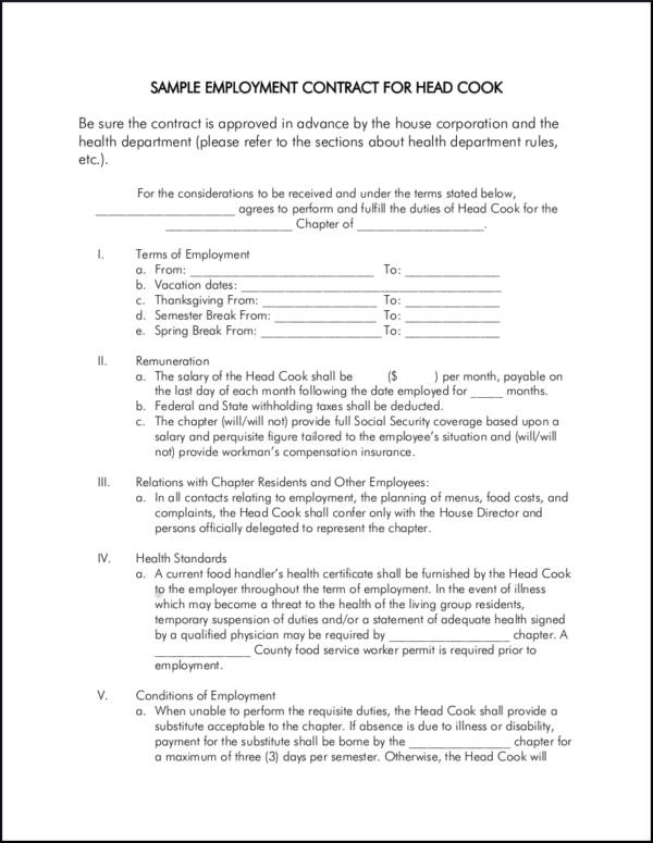 Chef Employment Contract Template