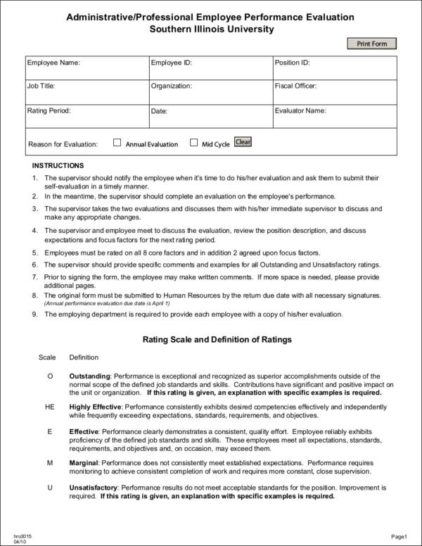 sample administrative employee performance evaluation form