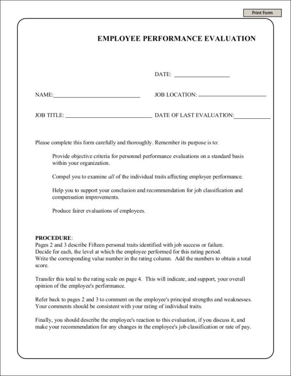 sample employee performance evaluation form