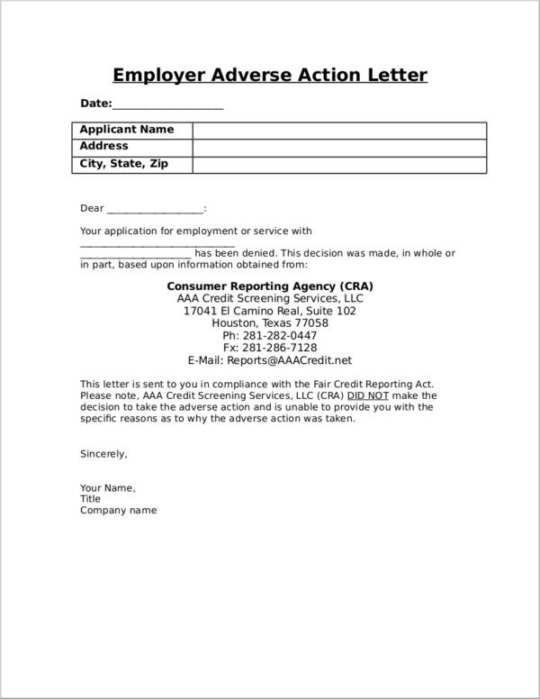 sample employment adverse action notice letter