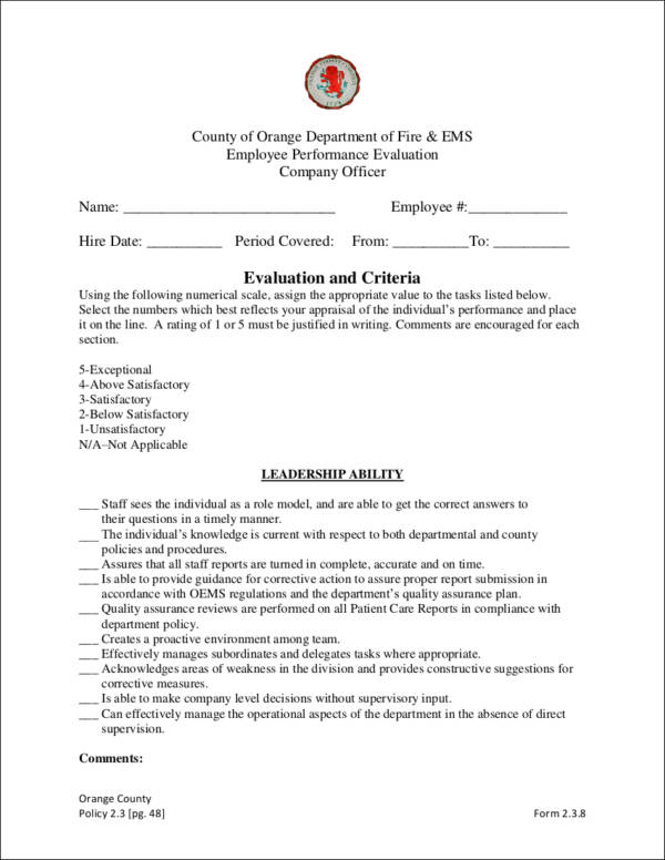 sample fire department performance evaluation form