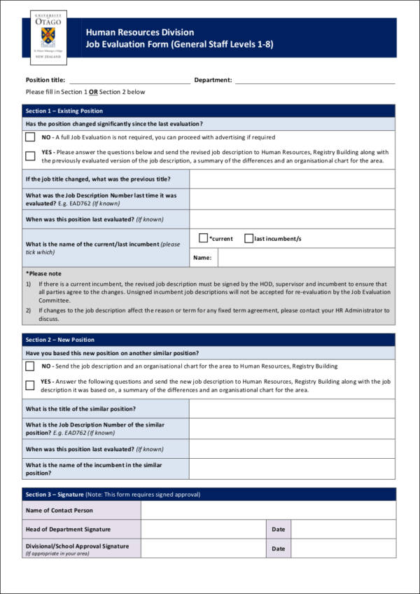 sample job evaluation form template