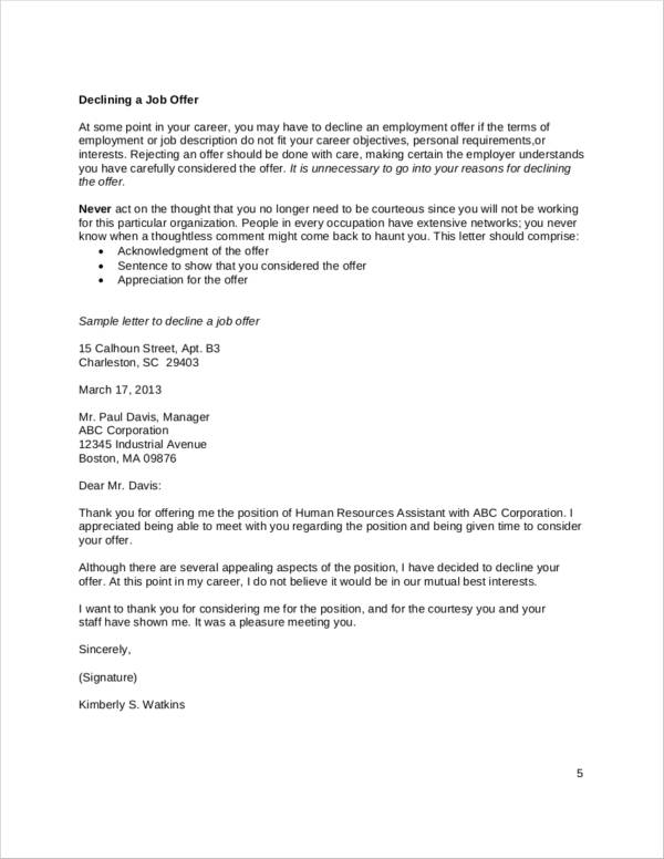sample thank you letter to decline a job offer