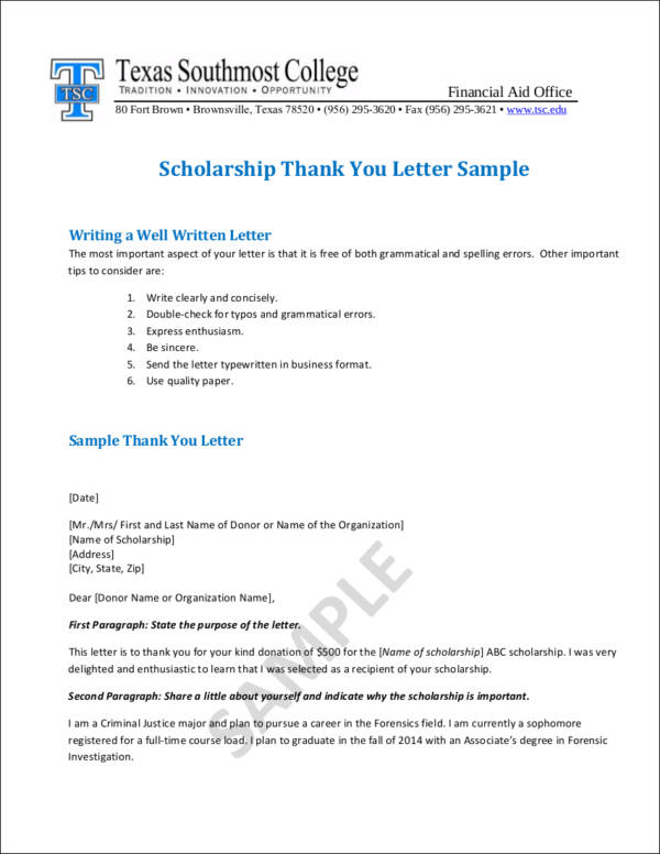 scholarship thank you letter sample