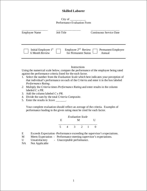 skilled laborer evaluation form template