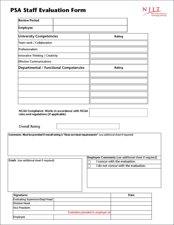 staff evaluation form sample