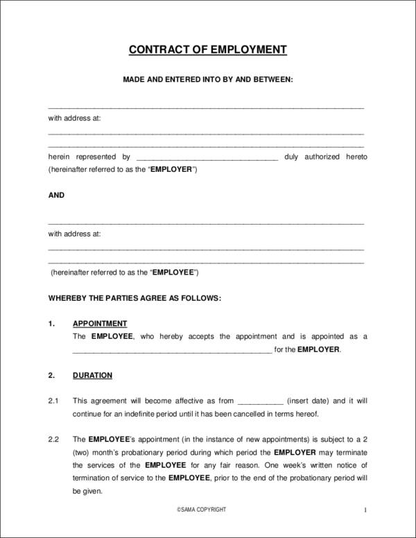 standard employment contract template