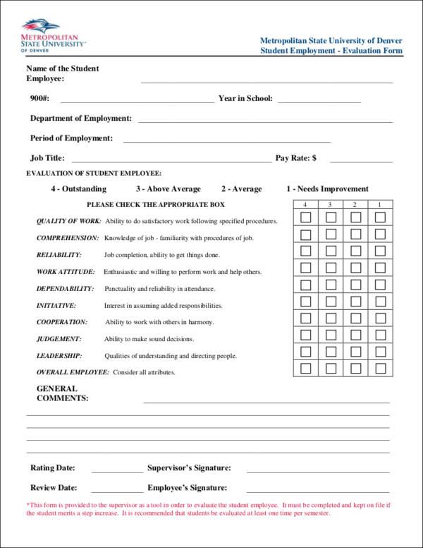 student employee evaluation form template