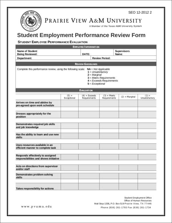 student employee performance evaluation template