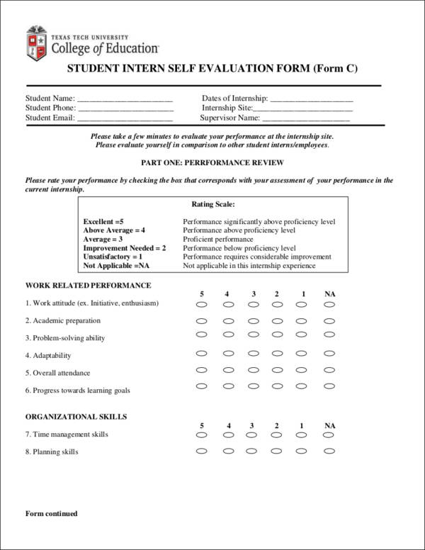 student intern self evaluation form sample