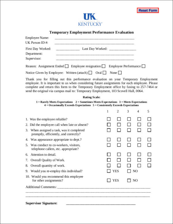 temporary employment performance evaluation template