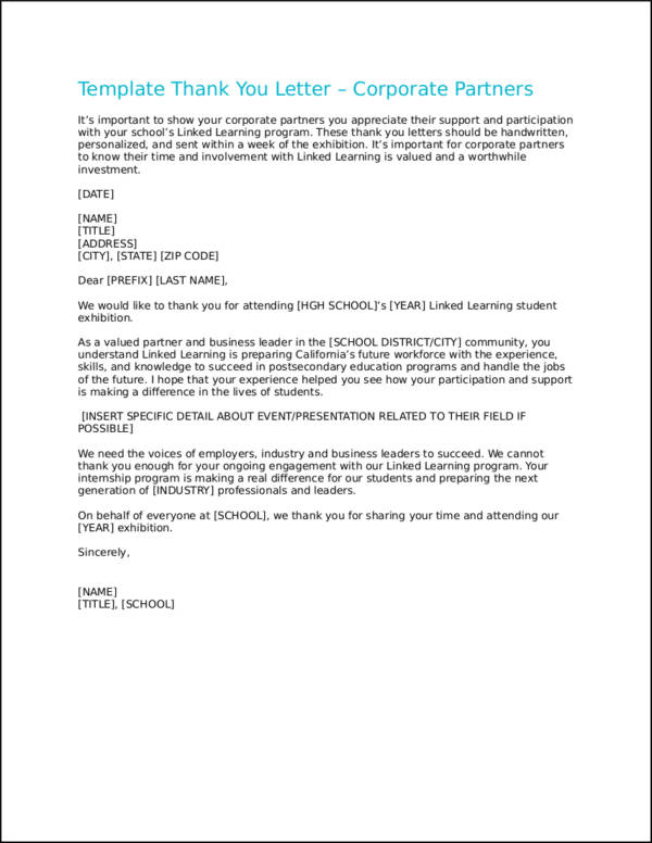 thank you letter template for corporate partners