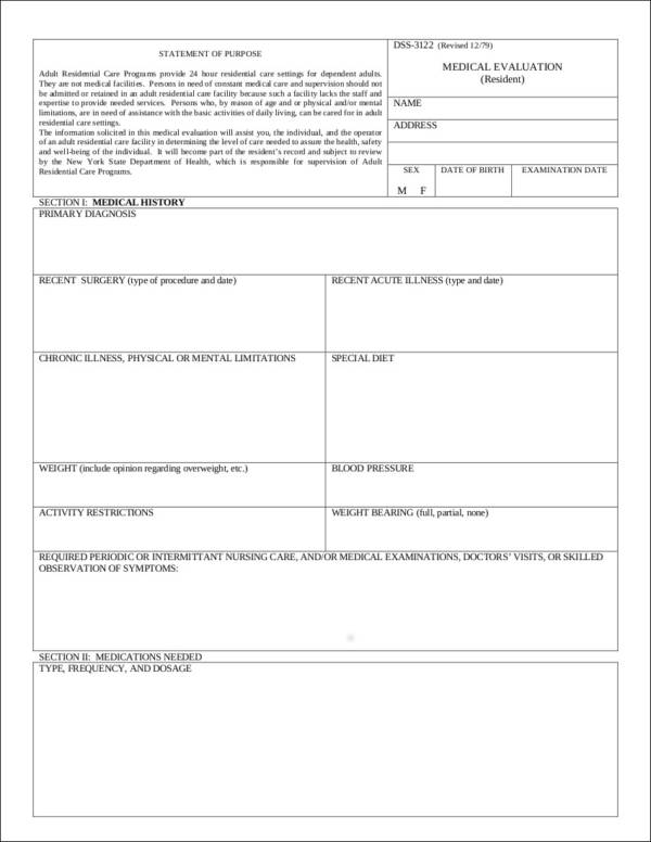 adult resident medical evaluation form