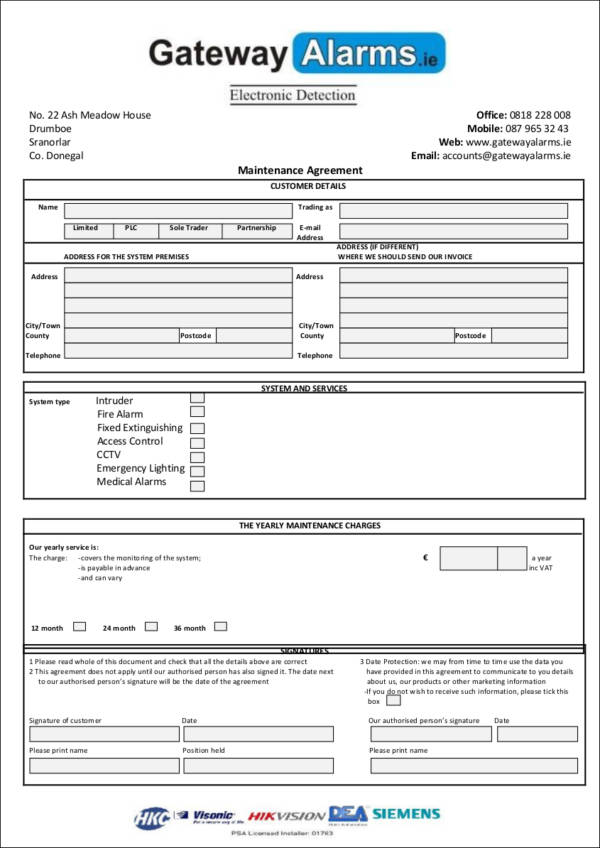 alarm system maintenance contract template