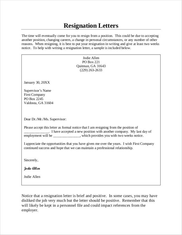 basic two week notice resignationn letter
